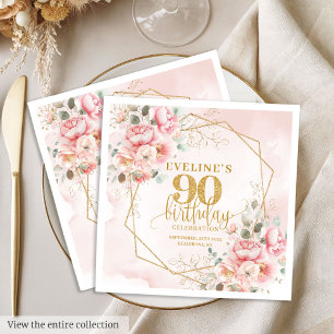 Minimalist blush pink floral 90th birthday party  napkin