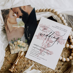 Minimalist Blush Pink Floral Modern Photo Wedding Invitation