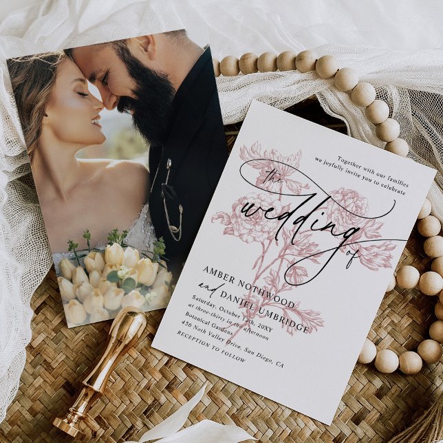 Minimalist Blush Pink Floral Modern Photo Wedding Invitation (Creator Uploaded)