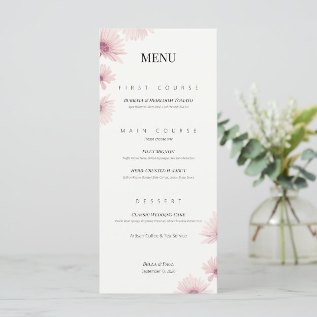 Minimalist Blush Pink Floral Wedding Flat Menu (Standing Front)