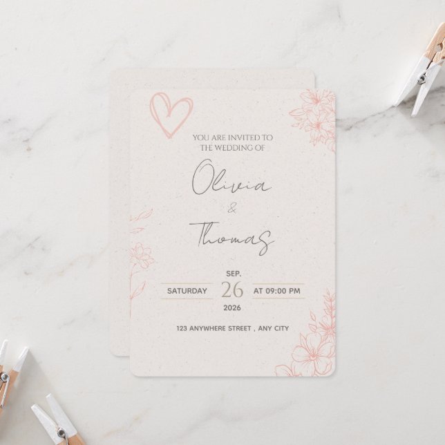Minimalist Blush Pink Floral Wedding Invitation (Front/Back In Situ)
