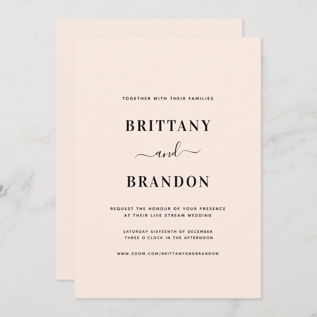 Minimalist Blush Pink Live Stream Wedding Invitation (Front/Back)