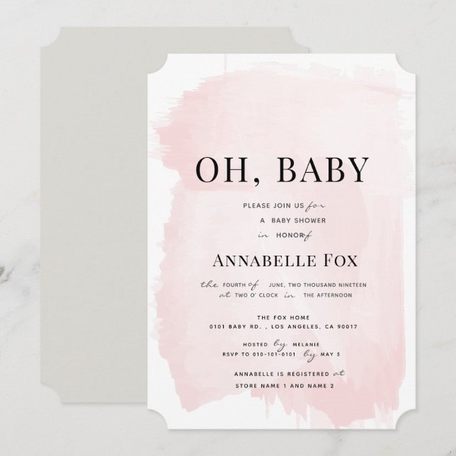 Minimalist Blush Pink Watercolor Baby Shower Invitation (Front/Back)
