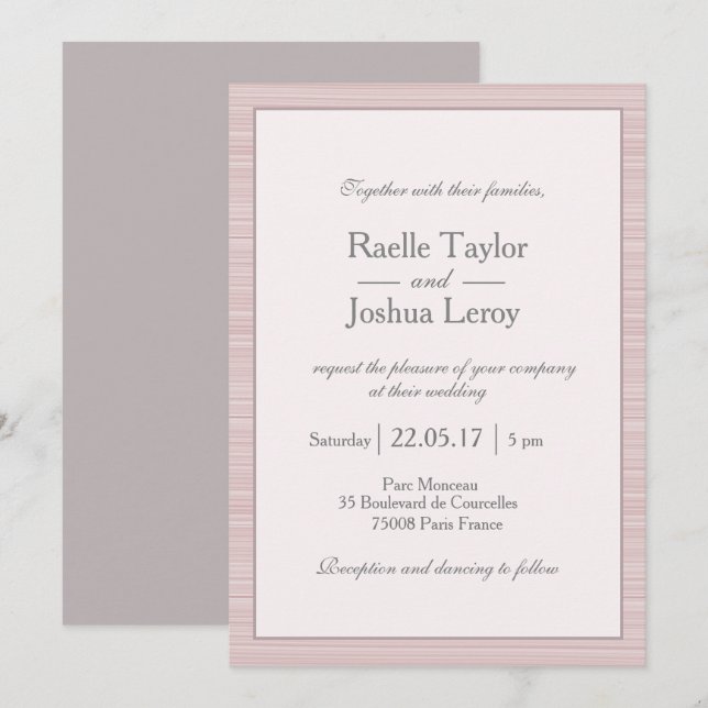 Minimalist blush pink white grey stripes wedding invitation (Front/Back)