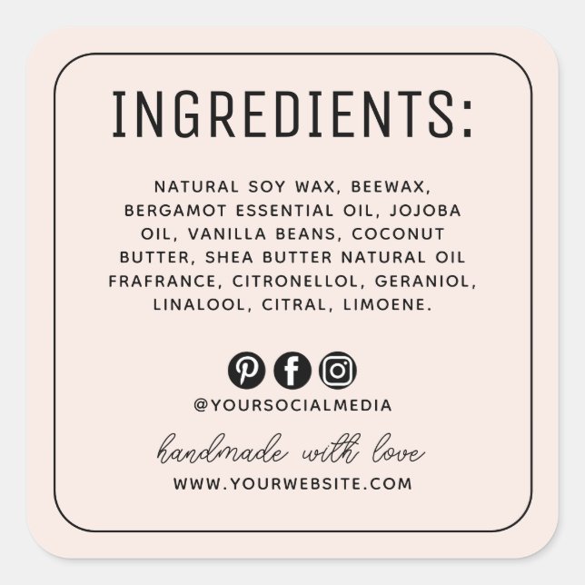 Minimalist blush social media ingredients label (Front)