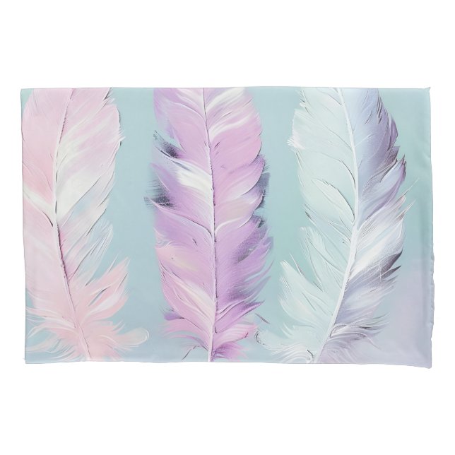 Minimalist Bohemian Pastel Feather Trio Pillowcase (Front)