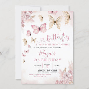 Minimalist Boho Beige and Butterfly Birthday Invitation