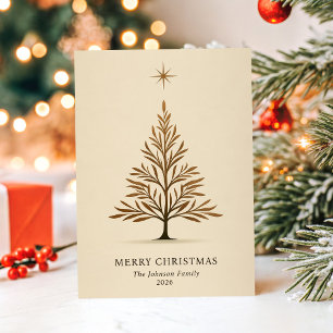 Minimalist Boho Beige Christmas Star and Tree Holiday Card