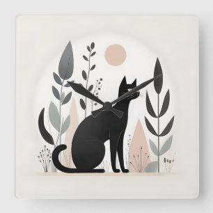 Minimalist Boho Black Cat Forest Nursery Kid Room  Square Wall Clock