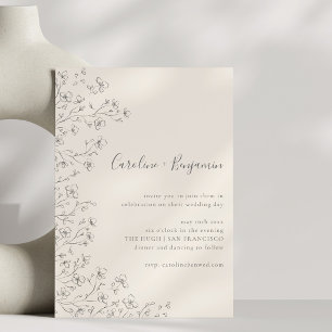 Minimalist Boho Black Cream Floral Art Wedding Invitation