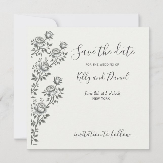 Minimalist Boho Black White Floral Wedding Save The Date (Front)