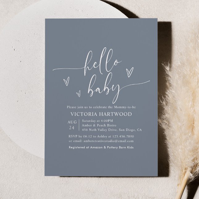 Minimalist Boho Blue Hello Baby Shower  Invitation (Creator Uploaded)