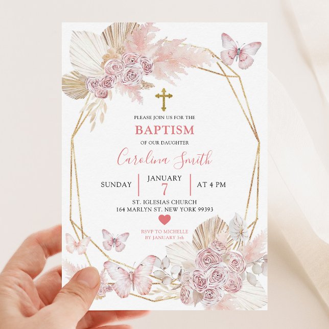 Minimalist Boho Blush Pink Roses Butterfly Baptism Invitation (Creator Uploaded)