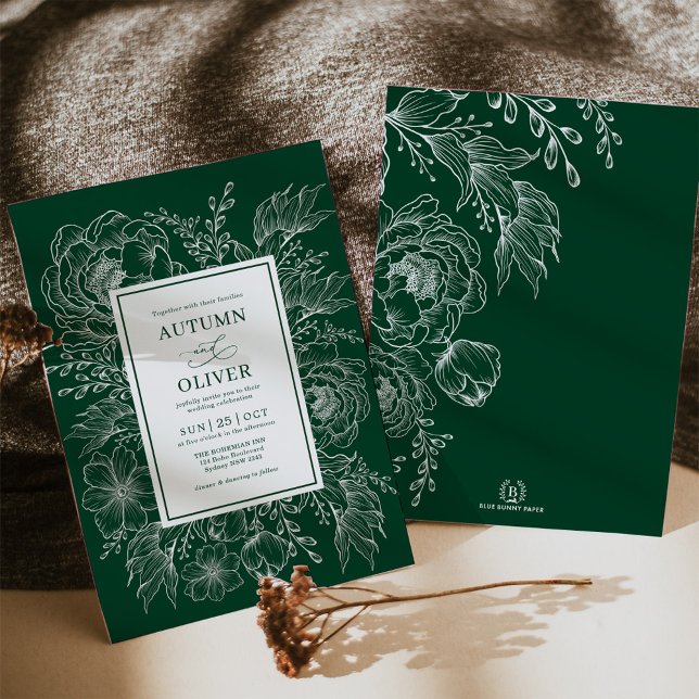 Minimalist Boho Botanical Emerald Green Wedding Invitation (Creator Uploaded)