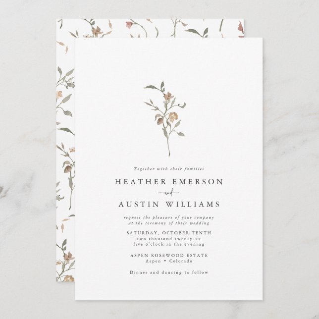 Minimalist Boho Botanicals Wedding Invitation (Front/Back)