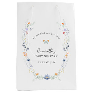 Minimalist Boho Butterfly Wildflower Baby Shower  Medium Gift Bag