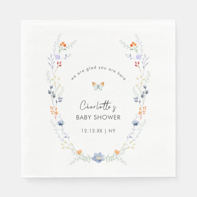 Minimalist Boho Butterfly Wildflower Baby Shower  Napkin (Front)