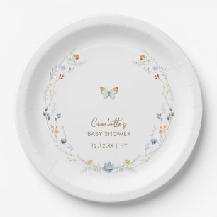 Minimalist Boho Butterfly Wildflower Baby Shower Paper Plate