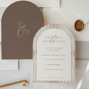 Minimalist Boho Cocoa Brown Stripes Ivory Wedding Invitation