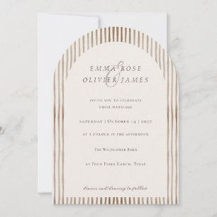 Minimalist Boho Cocoa Brown Stripes Ivory Wedding Invitation