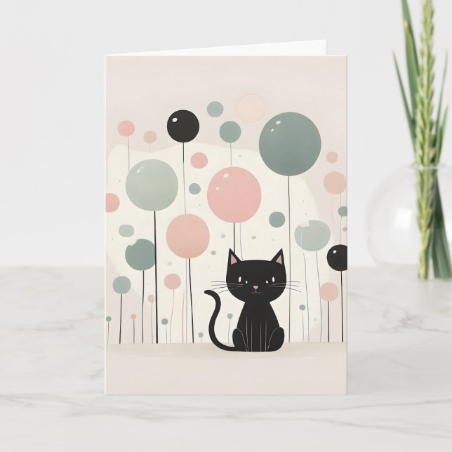 Minimalist Boho Cute Black Cat with Balloons Blank Card (Front)