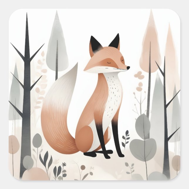 Minimalist Boho Cute Fox in a Forest Square Sticker (Front)