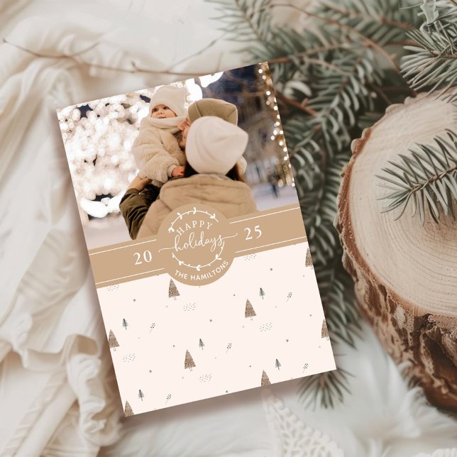 Minimalist Boho Family Photo Modern Happy Holiday Card (Creator Uploaded)