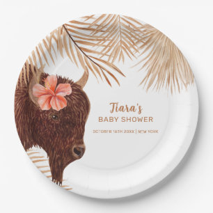 Minimalist Boho Floral Holy Cow Girl Baby Shower Paper Plate
