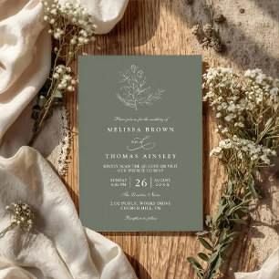 Minimalist Boho Floral Sage Modern QR Code Wedding Invitation