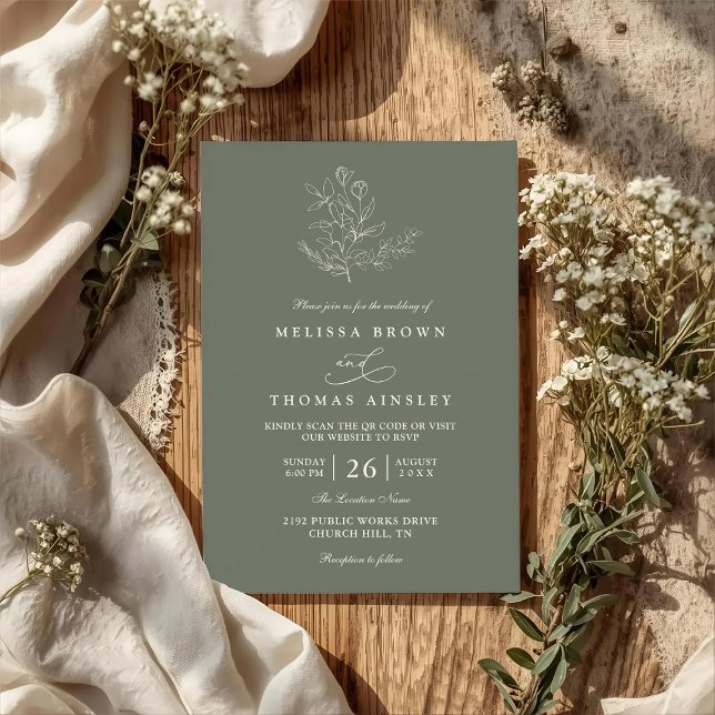 Minimalist Boho Floral Sage Modern QR Code Wedding Invitation (Creator Uploaded)