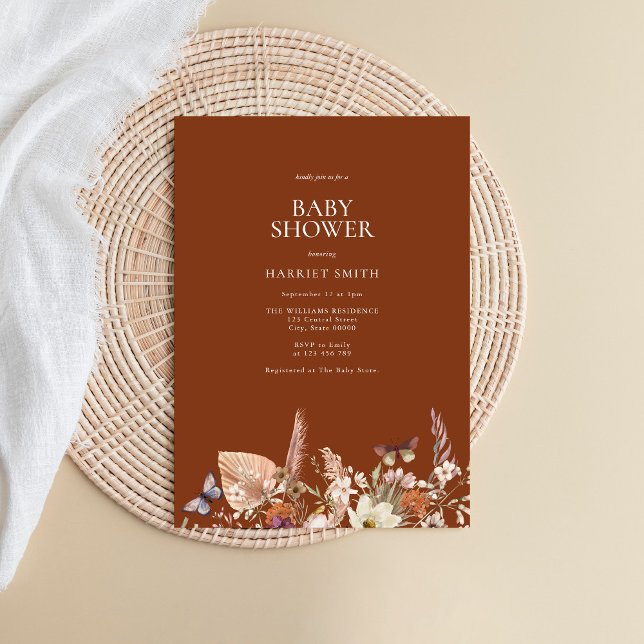 Minimalist Boho Floral Terracotta Baby Shower Invitation (Creator Uploaded)