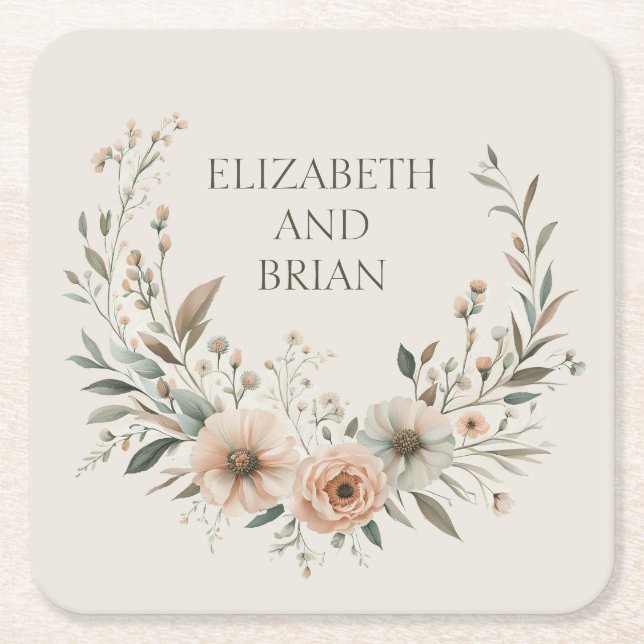Minimalist Boho Flowers in Ivory and Blush Square Paper Coaster (Front)