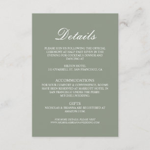 Minimalist Boho Green Elegant Wedding Details Enclosure Card
