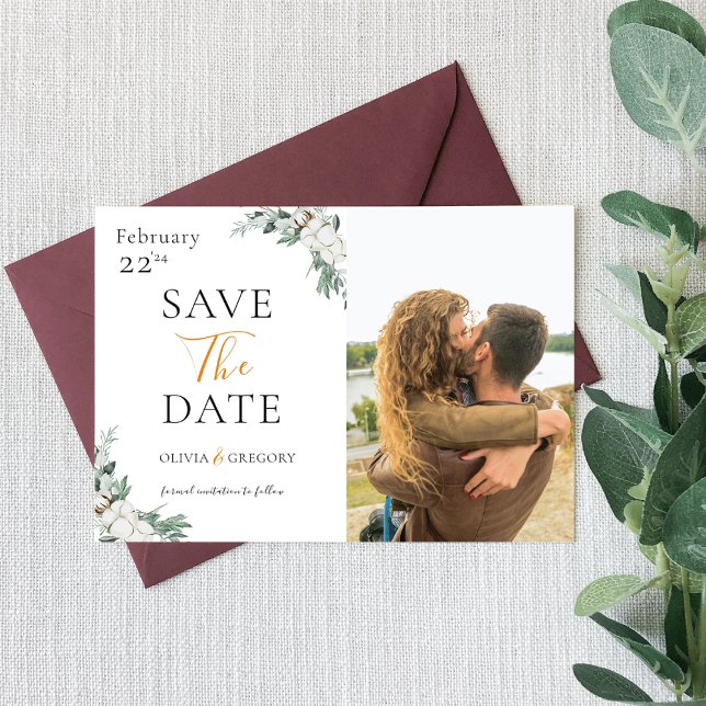 Minimalist Boho Greenery White Flowers Photo  Save The Date (Creator Uploaded)
