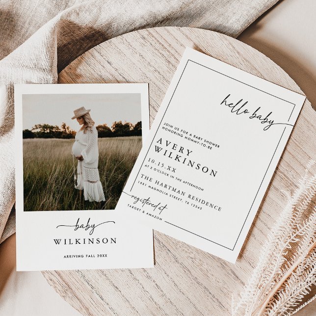 Minimalist Boho Hello Baby Photo Baby Shower Invitation (Creator Uploaded)