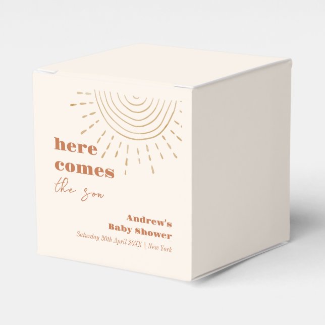 Minimalist Boho Here Comes The Son Baby Shower Favour Box (Front Side)
