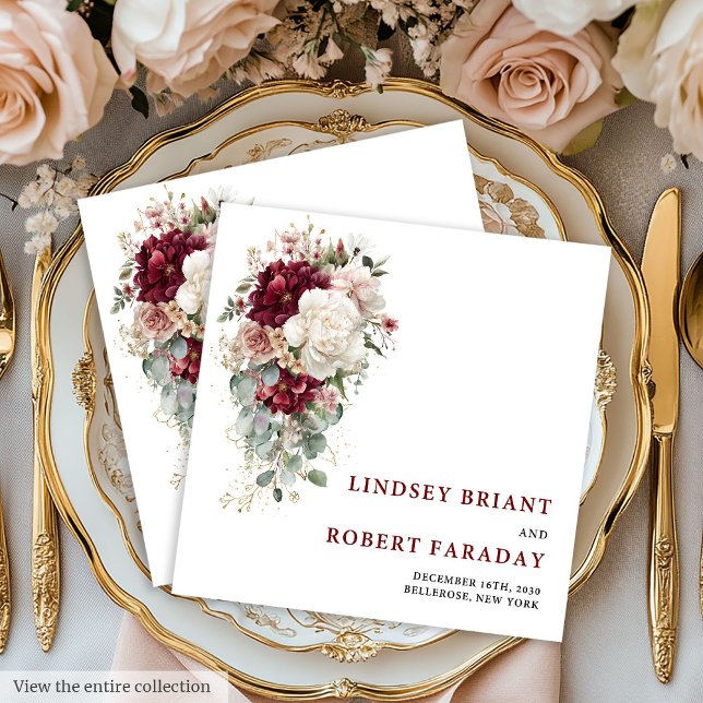Minimalist Boho Maroon Gold Roses Wedding Napkins (Minimalist Boho Maroon Gold Roses Wedding Napkins

)