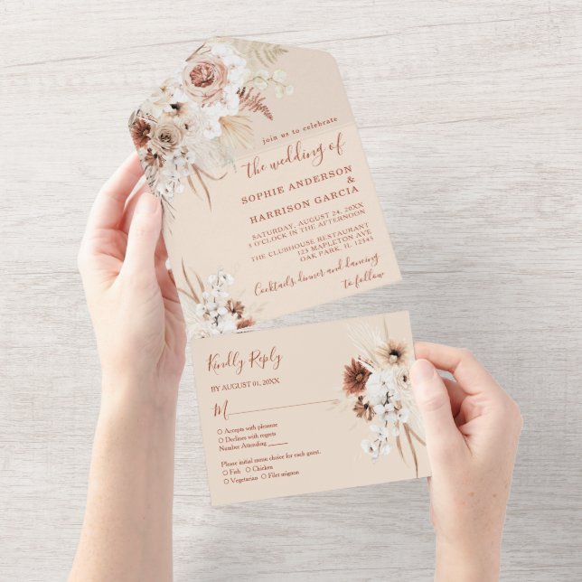 Minimalist Boho Pampas Grass Wedding All In One Invitation (Tearaway)