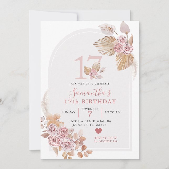Minimalist Boho Pink Arch 17th Birthday Invitation (Front)
