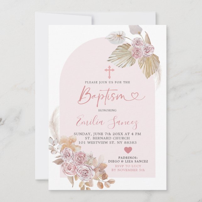 Minimalist Boho Pink Floral Baptism Invitation (Front)