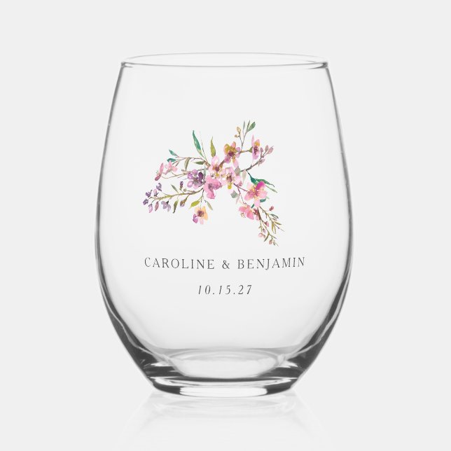 Minimalist Boho Pink Wildflowers Wedding Custom Stemless Wine Glass (Front)