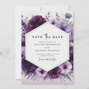 Minimalist Boho Purple Floral Wedding Save The Date