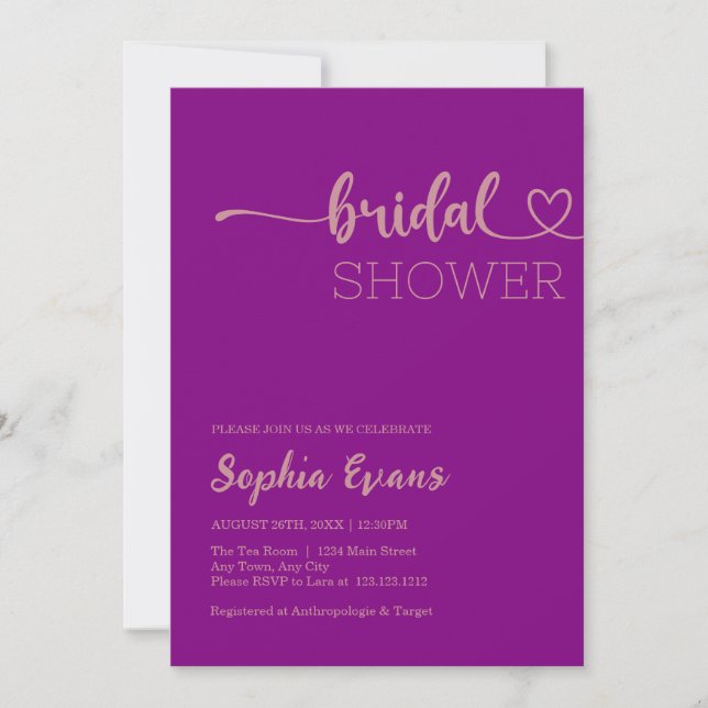 Minimalist Boho Rose Gold and Purple Bridal Shower Invitation (Front)
