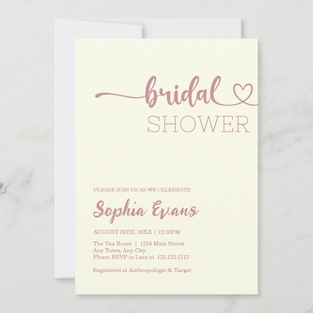Minimalist Boho Rose Gold Cream Bridal Shower Invitation (Front)