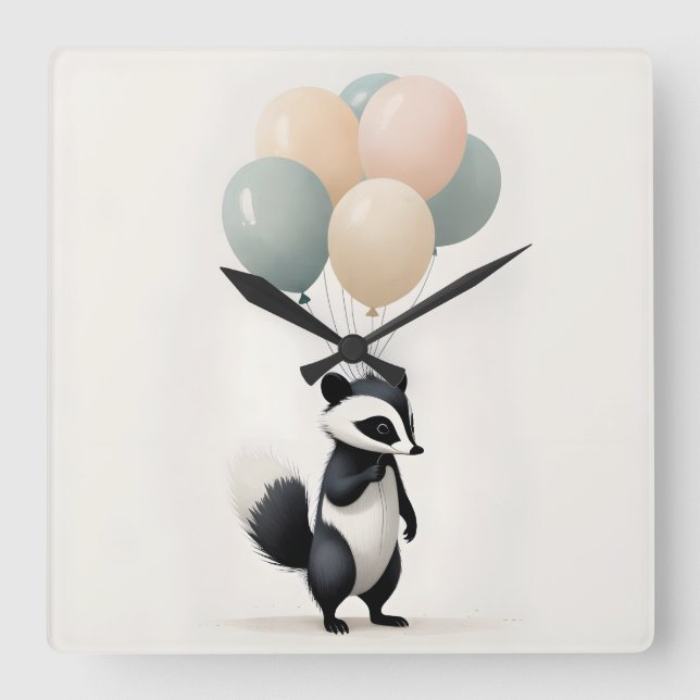 Minimalist Boho Skunk Balloons Nursery Kids Room Square Wall Clock (Front)