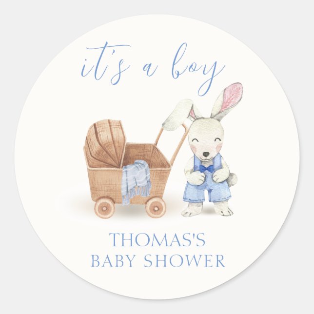 Minimalist Boho Stroller Rabbit Boy Baby Shower Classic Round Sticker (Front)