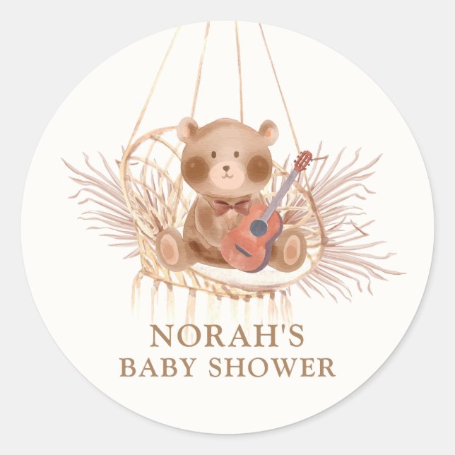 Minimalist Boho Teddy Bear Pampas Baby Shower Classic Round Sticker (Front)