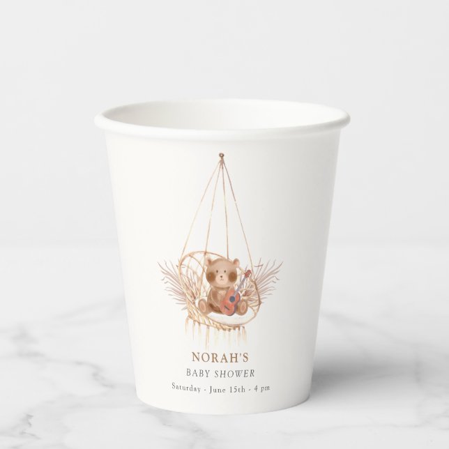 Minimalist Boho Teddy Bear Pampas Baby Shower Paper Cups (Front)
