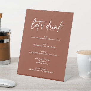 Minimalist Boho Terracotta Wedding Drink Bar Menu Pedestal Sign