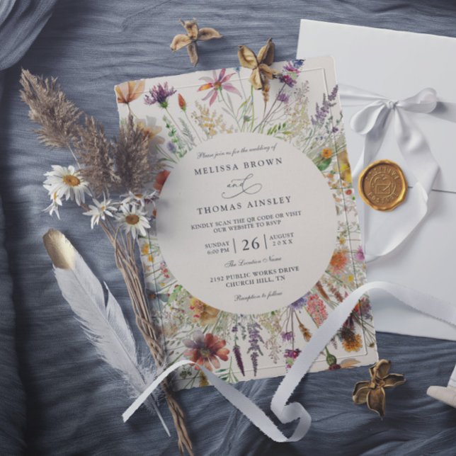Minimalist Boho Wildflower Floral QR Code Wedding Invitation (Creator Uploaded)
